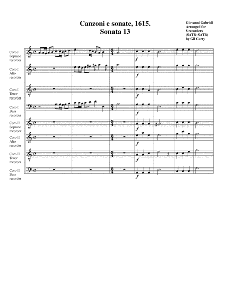 Sonata No 13 A8 1615 Arrangement For 8 Recorders Sheet Music