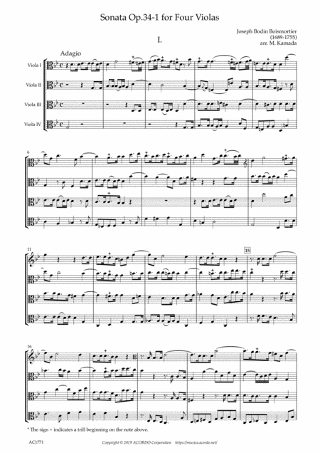 Sonata Op 34 1 For Four Violas Sheet Music