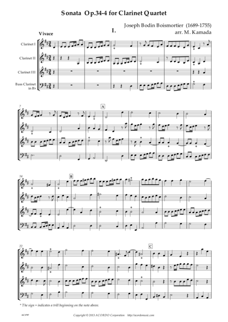 Sonata Op 34 4 For Clarinet Quartet Sheet Music