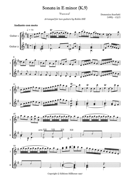 Sonata Pastoral K 9 Arranged For 2 Guitars Sheet Music