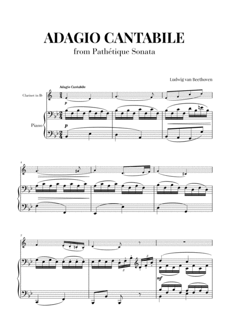 Sonata Pathetique 2nd Movement Adagio Cantabile For Clarinet And Piano Sheet Music