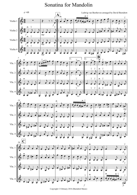 Sonatina By Beethoven For Violin Quartet Sheet Music