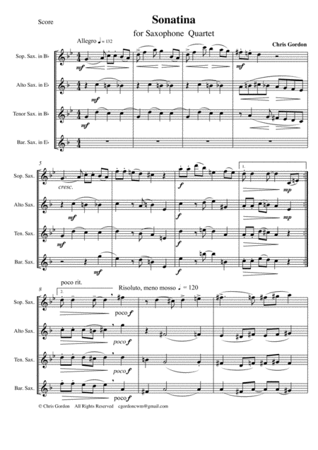 Free Sheet Music Sonatina For Saxophone Quartet