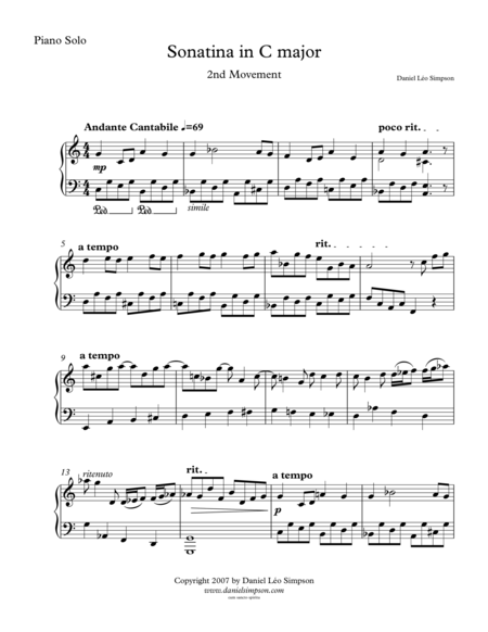 Sonatina In C For Piano Solo 2nd Mvt Sheet Music