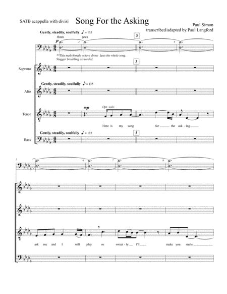 Song For The Asking Satb Acappella Sheet Music