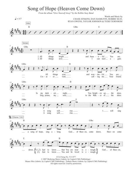 Song Of Hope Heaven Come Down Sheet Music