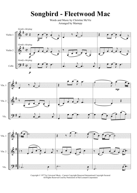 Songbird Fleetwood Mac Arranged For String Trio Sheet Music