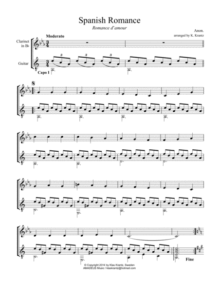 Spanish Romance Romanza For Clarinet In Bb And Guitar Sheet Music