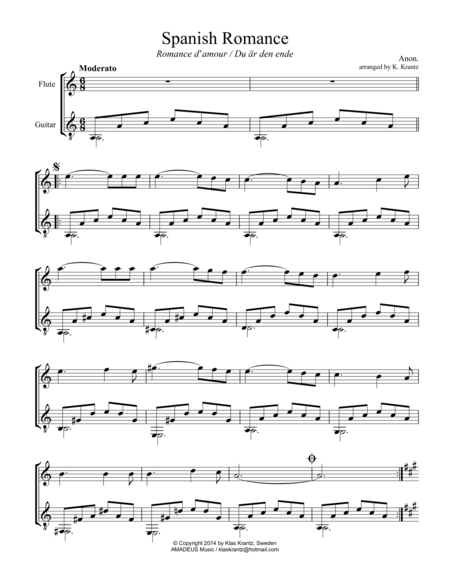 Spanish Romance Romanza For Flute And Easy Guitar A Minor Sheet Music