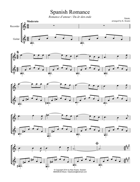 Spanish Romance Romanza For Treble Recorder And Easy Guitar Sheet Music