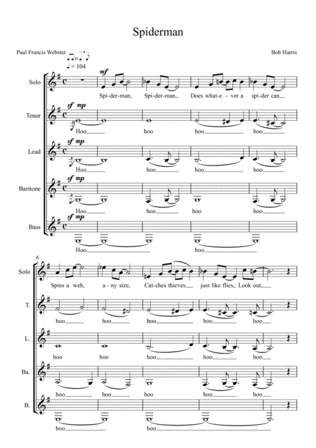 Free Sheet Music Spiderman Theme Female Barbershop