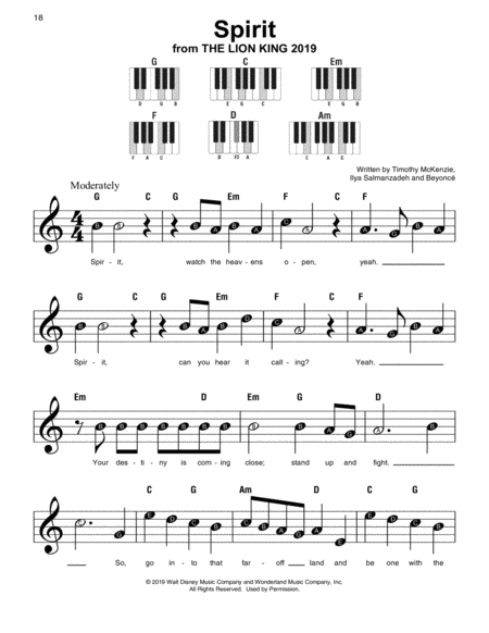 Spirit From The Lion King 2019 Sheet Music