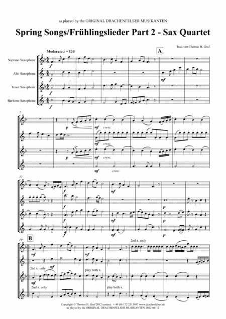 Spring Songs Frhlingslieder Part 2 German Folk Songs Saxophone Quartet Sheet Music