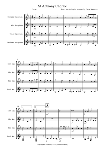 Free Sheet Music St Anthony Chorale For Saxophone Quartet