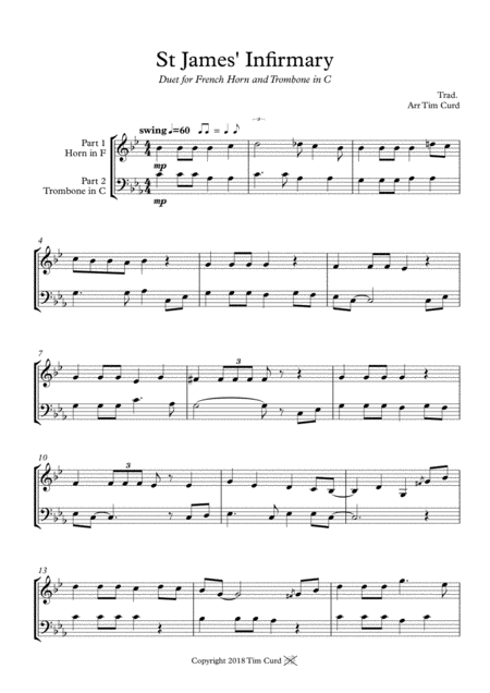 Free Sheet Music St James Infirmary Duet For French Horn And Trombone