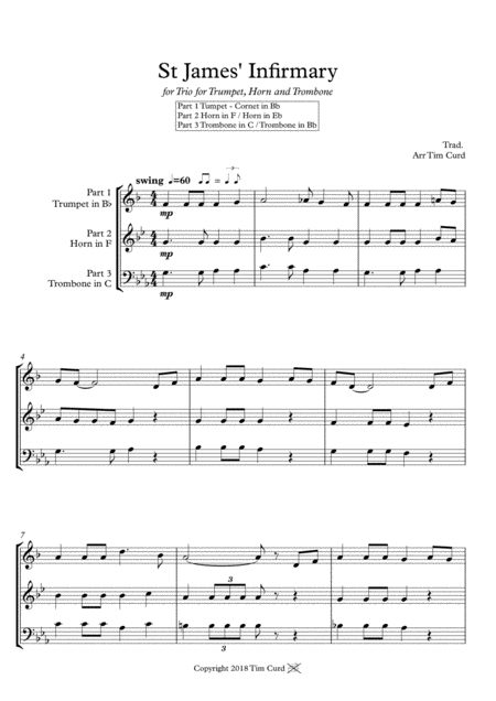 Free Sheet Music St James Infirmary Trio For Trumpet Horn In F Eb And Trombone In C Bb