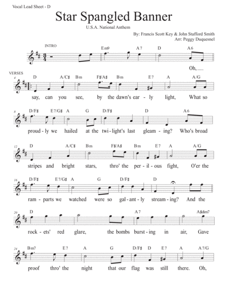 Free Sheet Music Star Spangled Banner Key Of D