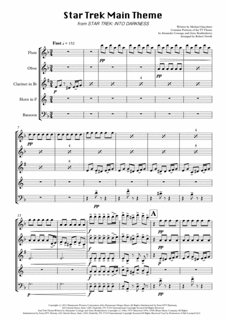 Star Trek Main Theme From Star Trek Into Darkness For Wind Quintet Sheet Music