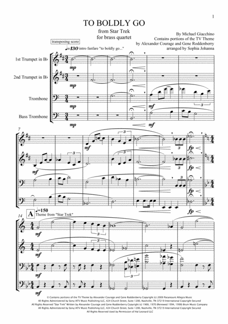 Free Sheet Music Star Trek Music Arrangement For Brass Quartet To Boldly Go