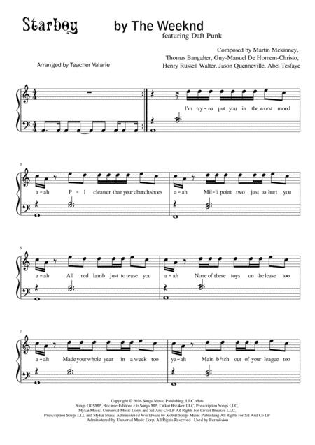 Starboy The Weeknd Ft Daft Punk Piano Solo Early Intermediate Sheet Music