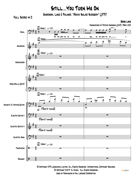 Free Sheet Music Still You Turn Me On Emerson Lake Palmer Full Score Set Of Parts
