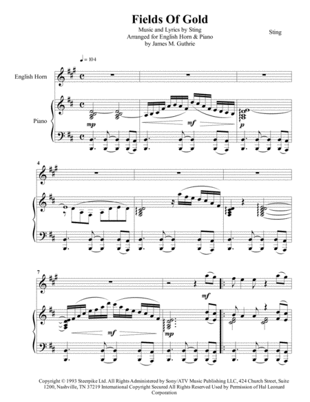 Sting Fields Of Gold For English Horn Piano Sheet Music