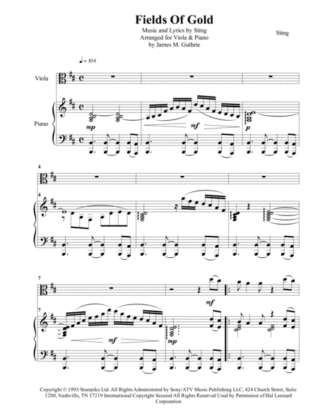 Sting Fields Of Gold For Viola Piano Sheet Music