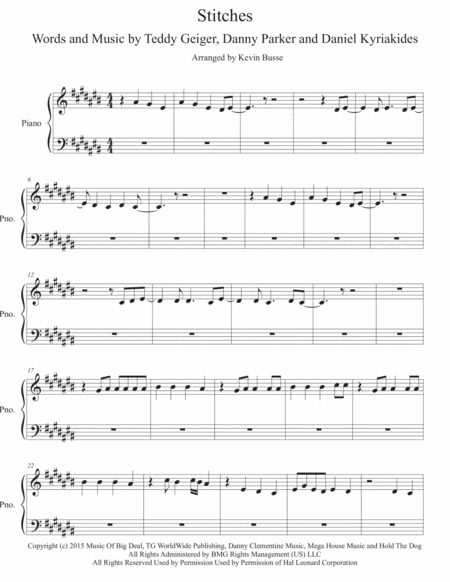 Stitches Original Key Piano Sheet Music