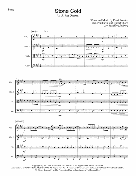 Free Sheet Music Stone Cold For String Quartet