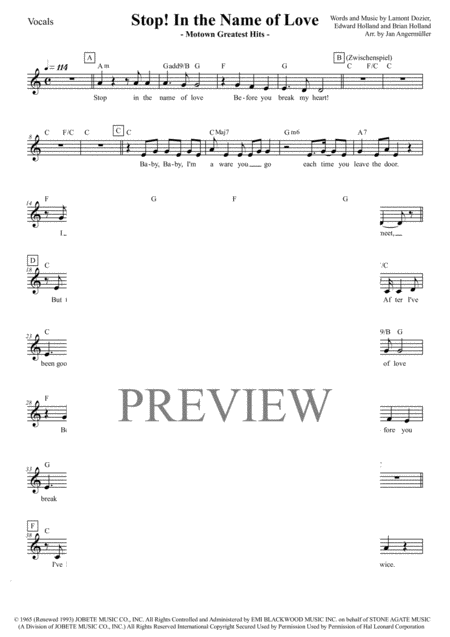 Stop In The Name Of Love Vocals W Chords Transcription Of The Original Supremes Motown Recording Sheet Music