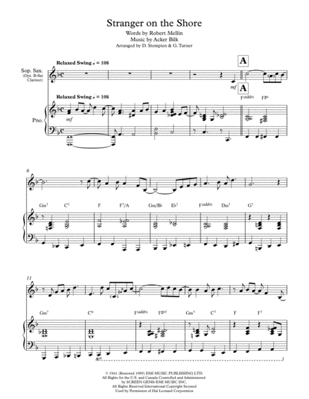 Free Sheet Music Stranger On The Shore For Soprano Saxophone Solo Opt B Flat Clarinet With Piano Accompaniment