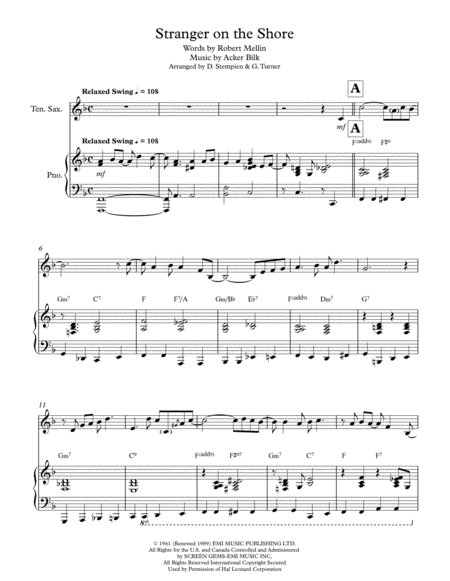 Free Sheet Music Stranger On The Shore For Tenor Saxophone Solo With Piano Accompaniment