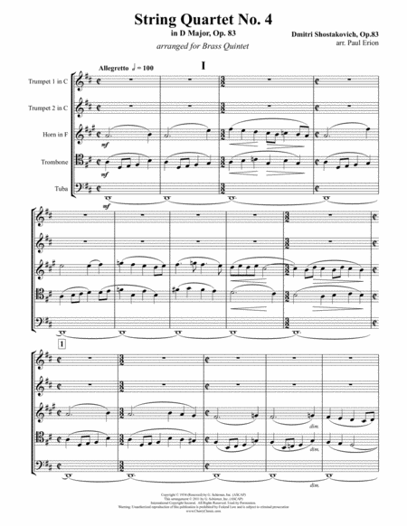 Free Sheet Music String Quartet No 4 In D Major Op 83 For Brass Quintet
