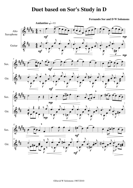 Free Sheet Music Study In D For Guitar With Added Tune For Alto Saxophone