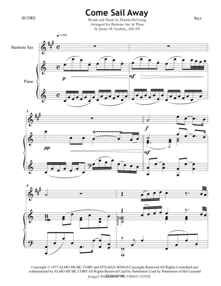 Styx Come Sail Away For Baritone Sax Piano Sheet Music