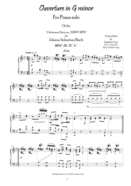 Suite Ouverture No 5 Bwv 1070 For Piano 3 4 5 Aria Menuetto Trio Sheet Music