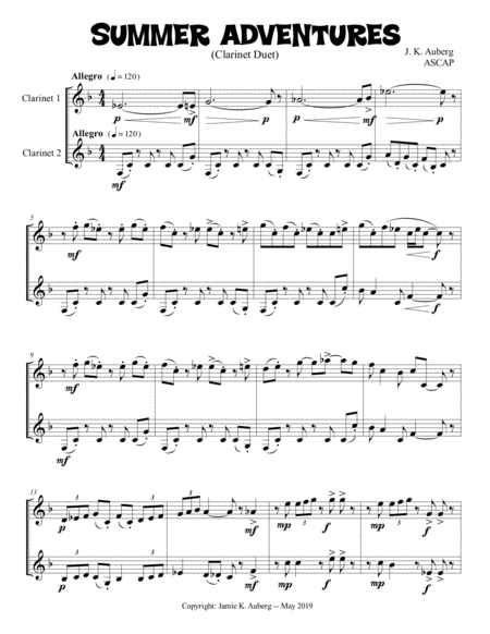 Free Sheet Music Summer Adventures Clarinet Duet