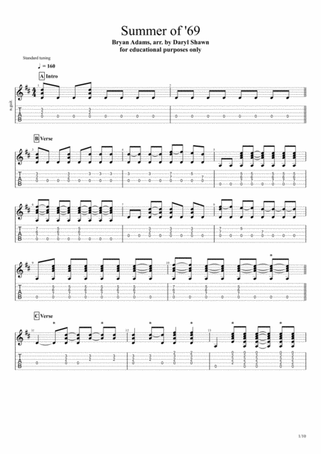 Summer Of 69 For Solo Fingerstyle Guitar Sheet Music