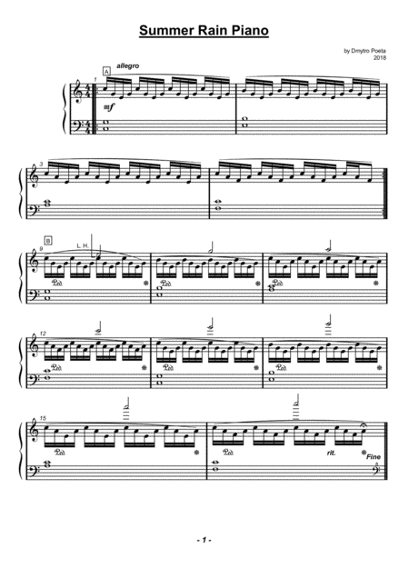 Summer Rain Piano By Dmytro Poeta Sheet Music