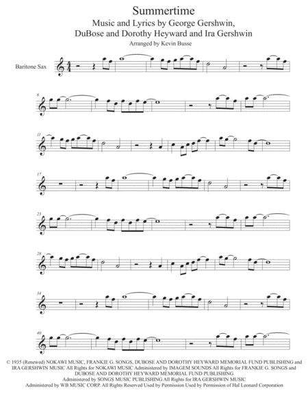 Summertime Easy Key Of C Bari Sax Sheet Music