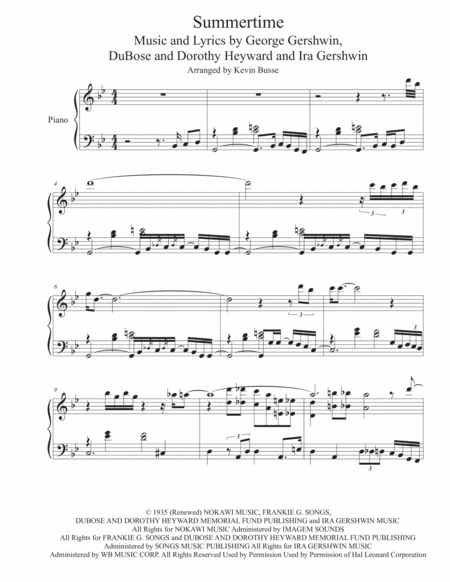 Summertime Exact Piano Transcription Sheet Music