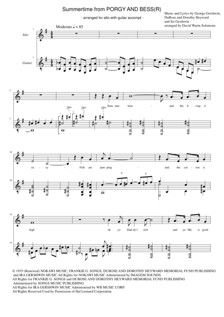 Free Sheet Music Summertime For Alto And Guitar