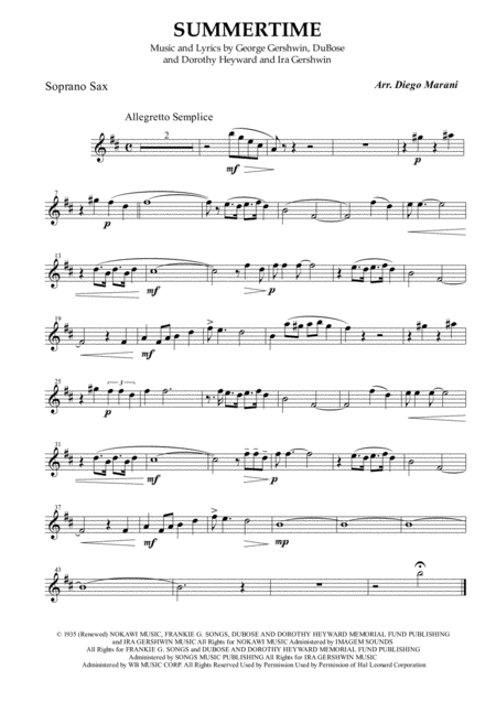 Summertime For Saxophone Quintet Sheet Music