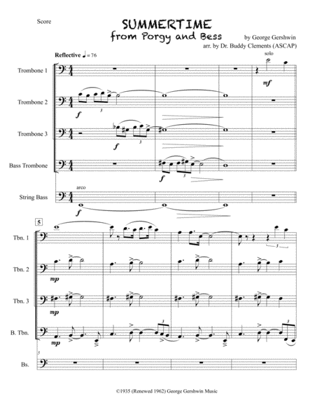 Summertime For Trombone Quartet A Min Bb Min Sheet Music