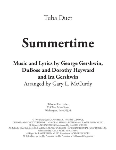 Summertime For Tuba Duet Sheet Music