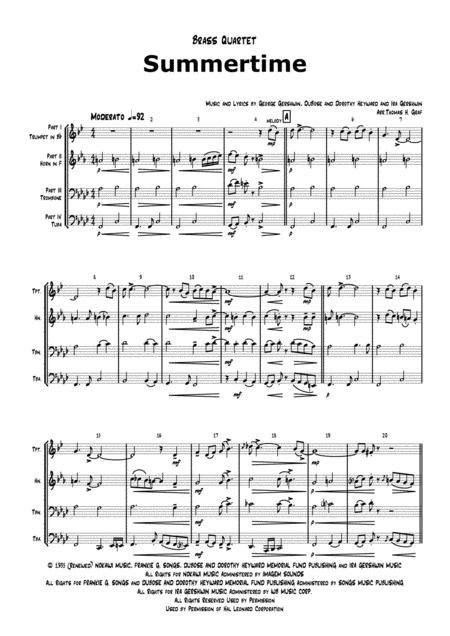 Summertime Gershwin Ballad Brass Quartet Sheet Music