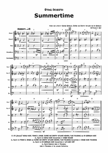 Free Sheet Music Summertime Gershwin Ballad String Orchestra