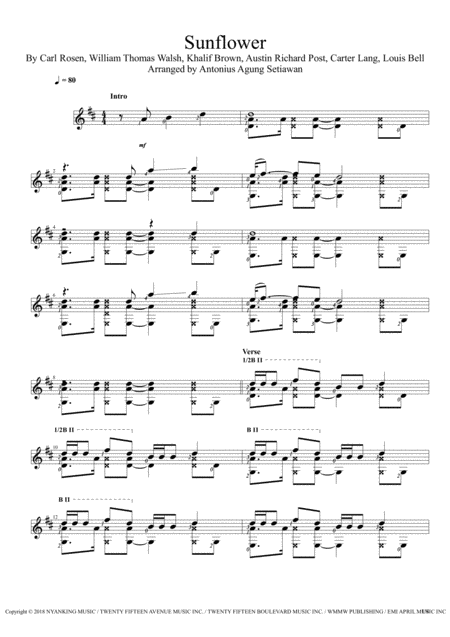 Sunflower Solo Guitar Score Sheet Music