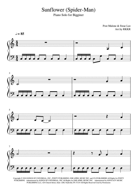 Sunflower Spider Man Easy Piano Solo Sheet Music