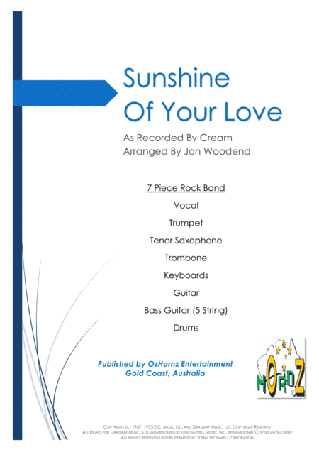 Sunshine Of Your Love 7 Piece Horn Chart Sheet Music